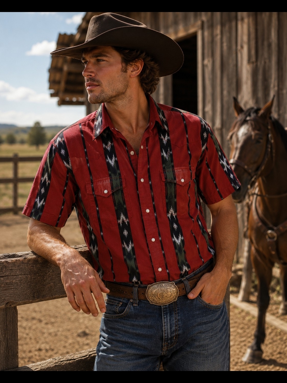 Wrangler Red Short-Sleeve Western Button-Down Shirt with Black Pattern